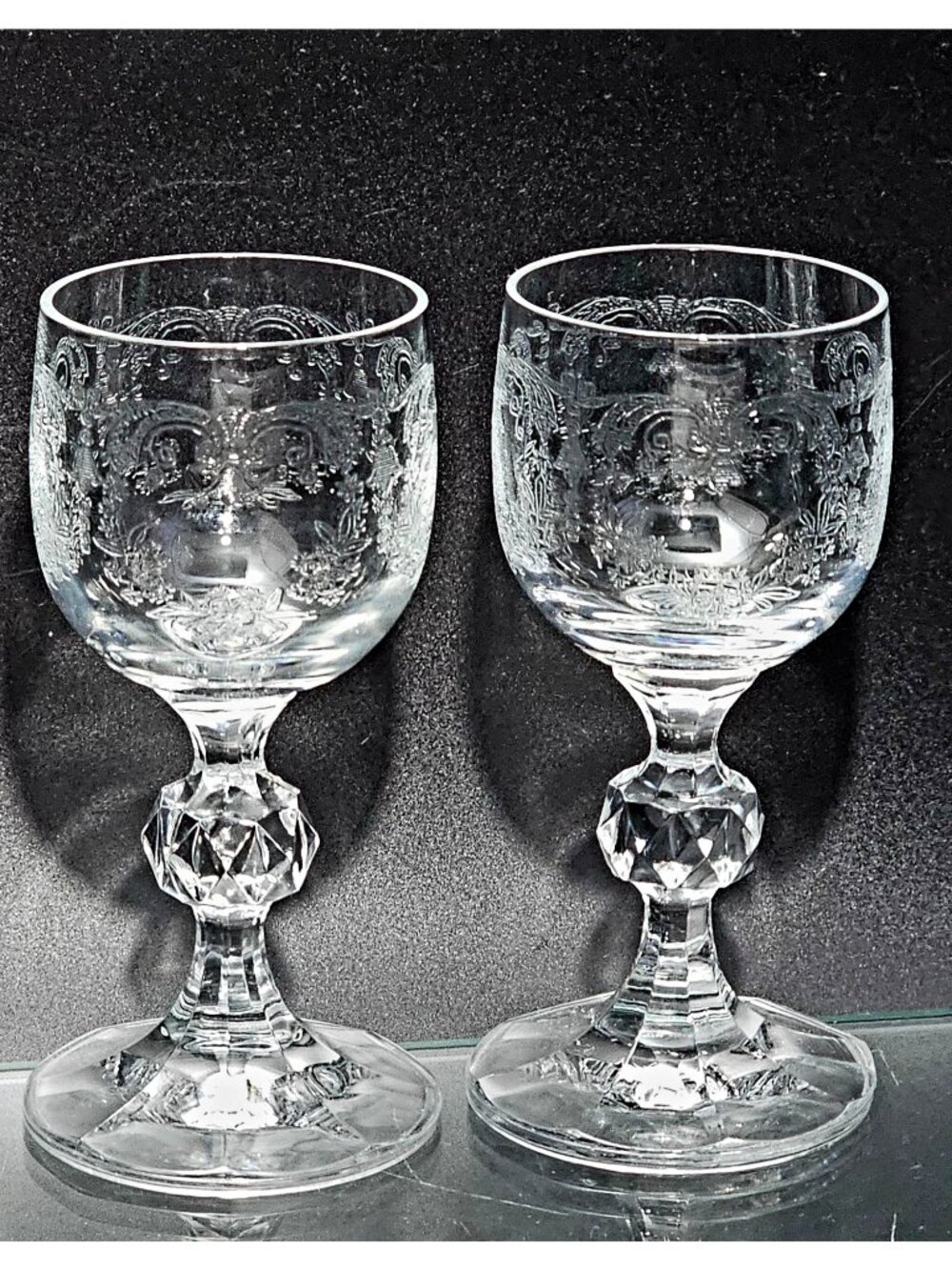 2 Bohemia Crystal Cascade Cordial Glasses 4.25" sculpted stem 2oz Poland 1980s